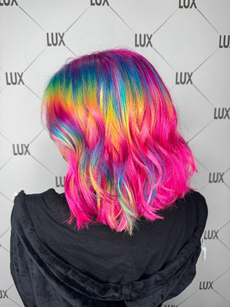 Pink hair with rainbow accent